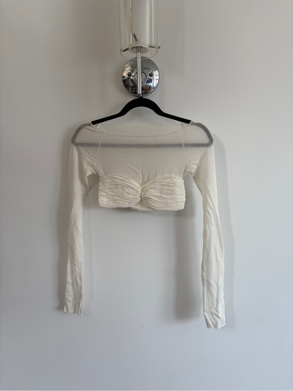 Orseund Iris Princesa Sheer Off-Shoulder Long Sleeve Crop Top in Cream